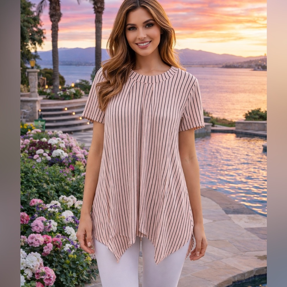 ❤️ Spring Essentials Striped Pink  Short-Sleeve Swing Tunic